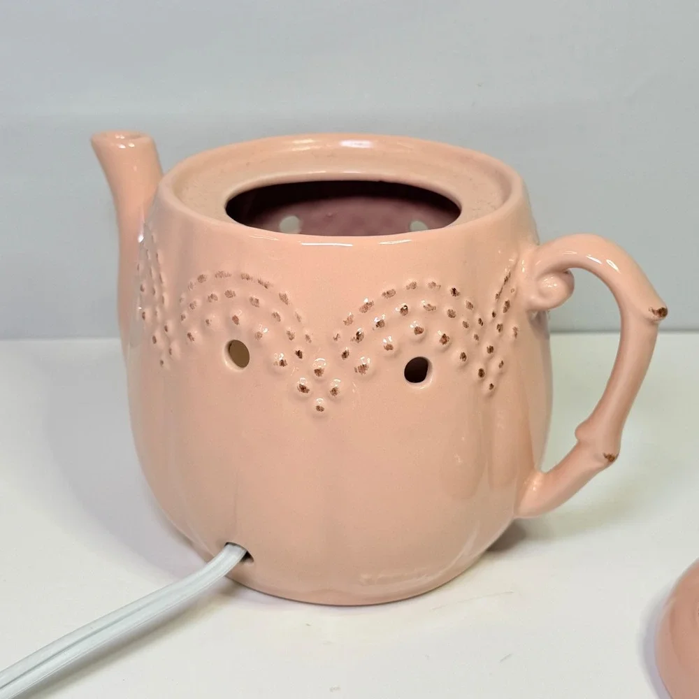 Retired Scentsy Tea Rose Electric Wax Warmer Pink Teapot Ceramic Eyelet Detail